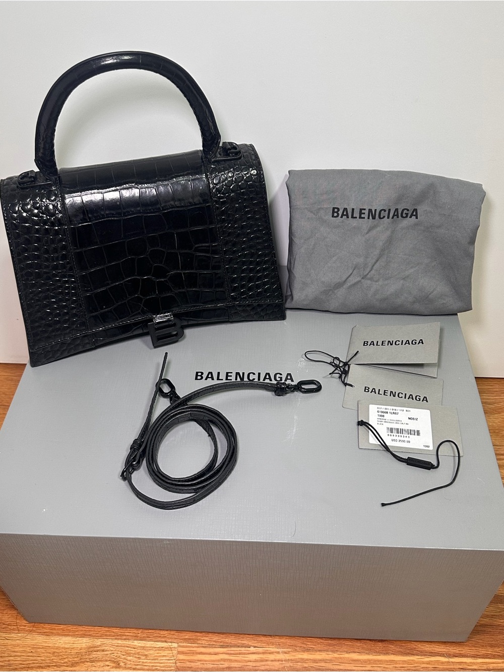 Balenciaga Black Croc-Embossed Top Handle Satchel with Strap